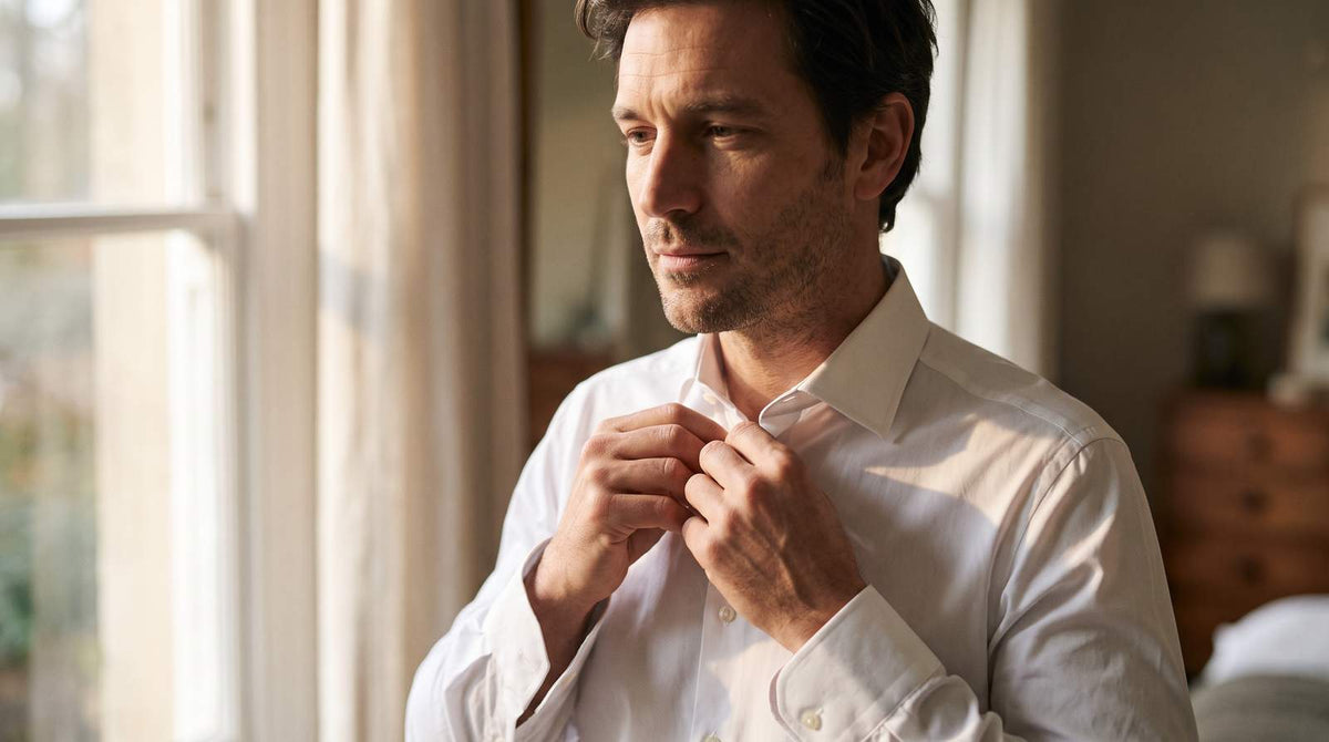 Uomo in camicia bianca che si sistema il colletto davanti a una finestra al mattino